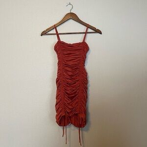 Tiger Mist Burnt Orange Ruched Mini Dress